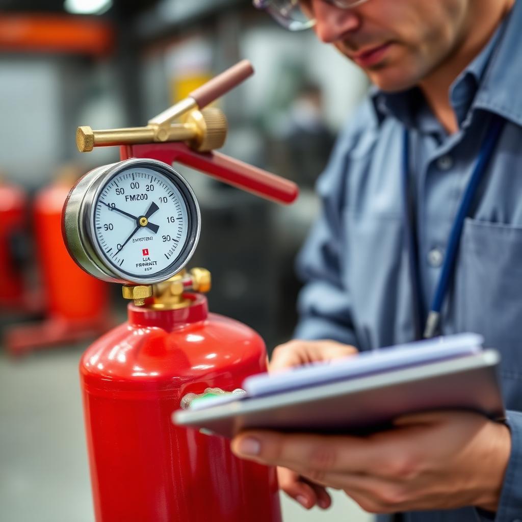 Inspeksi tekanan cylinder FM200 oleh engineer bersertifikat